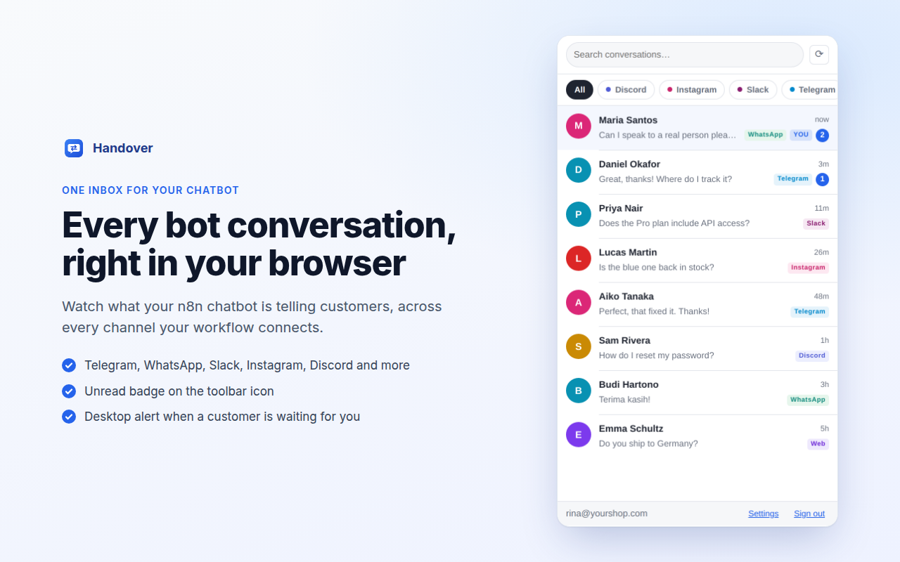 Handover inbox listing chatbot conversations from WhatsApp, Telegram, Slack, Instagram and Discord