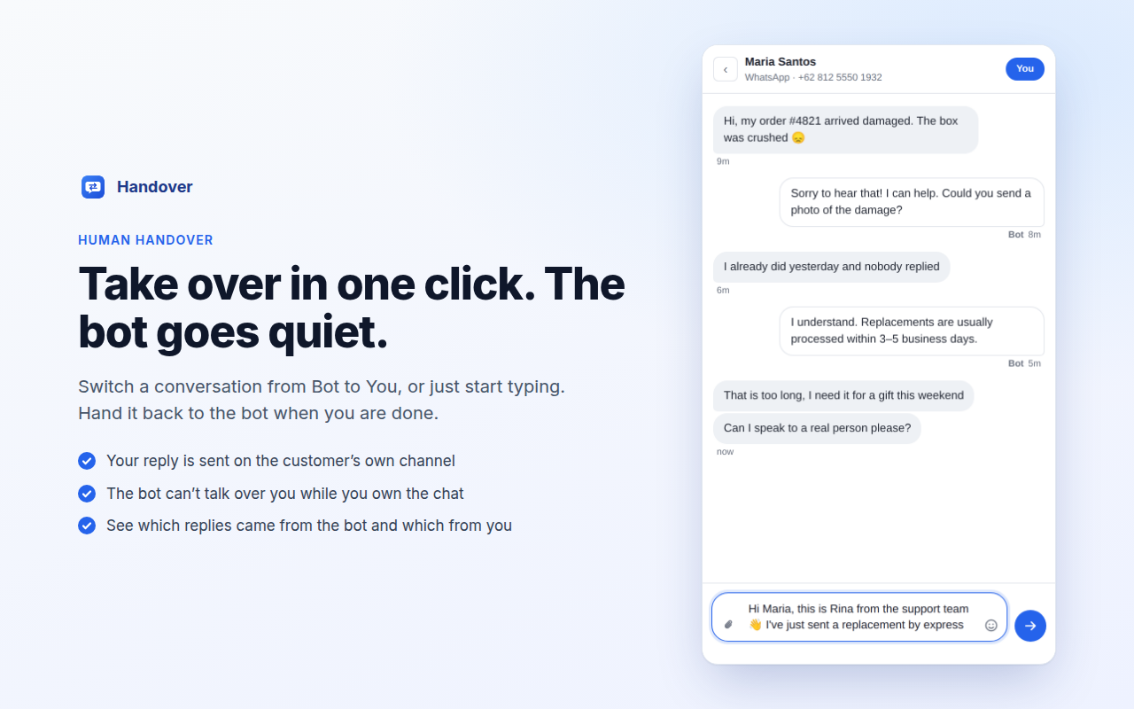 A conversation taken over by a person in Handover, with the bot paused